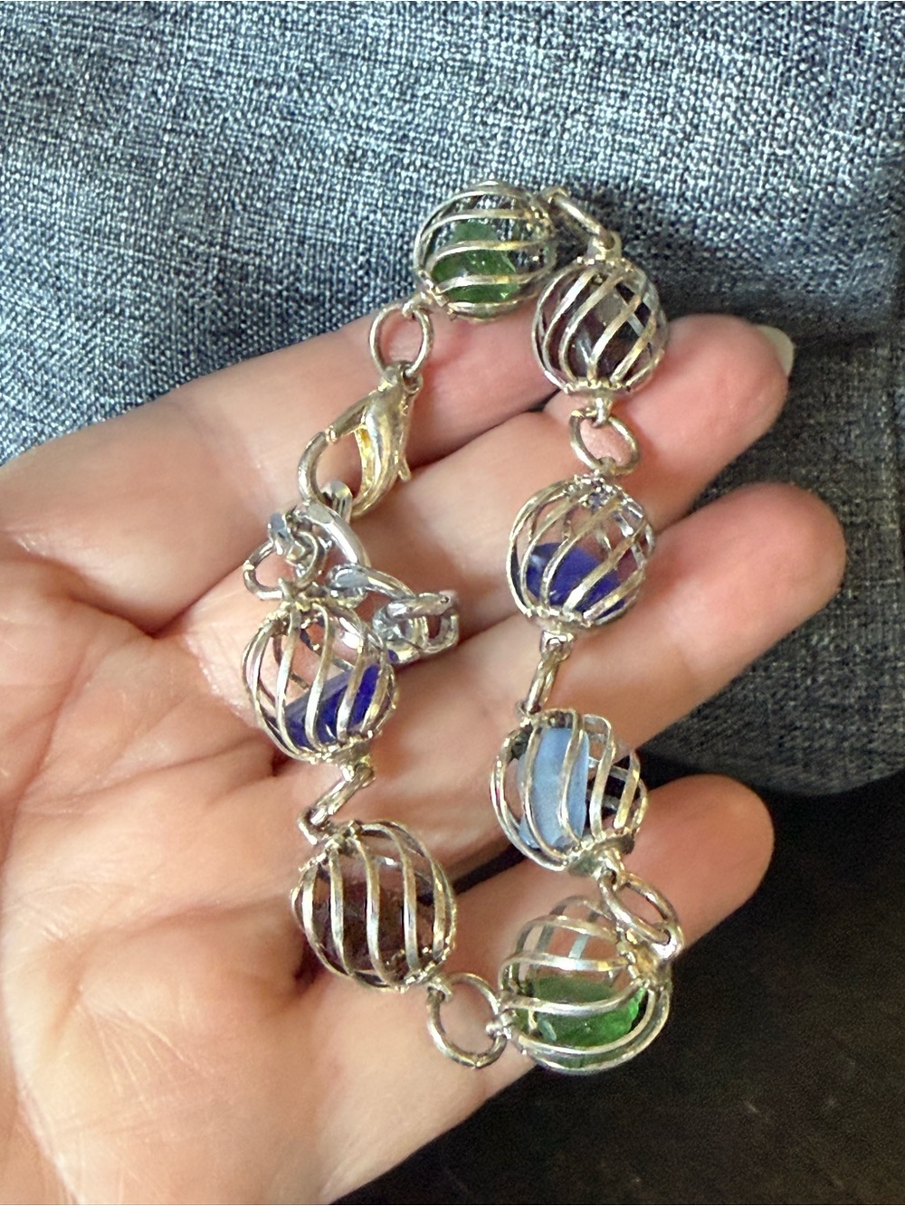 Silver Cage Bracelet with Multicolor Glass Beads from Maine